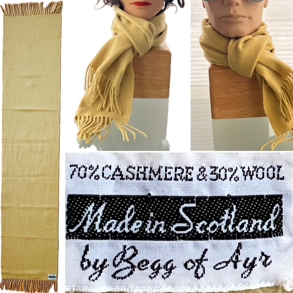 🐑Soft Cashmere Wool Blend Dry Yellow Fringe Vintage Begg of Ayr Scotland Scarf